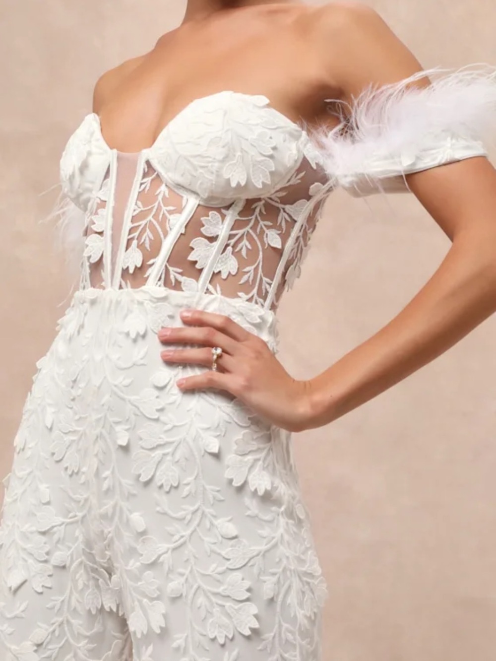 New Lulus White Feather-Trim Bridal Jumpsuit - Elegant Wedding Sz Small - Picture 7 of 12